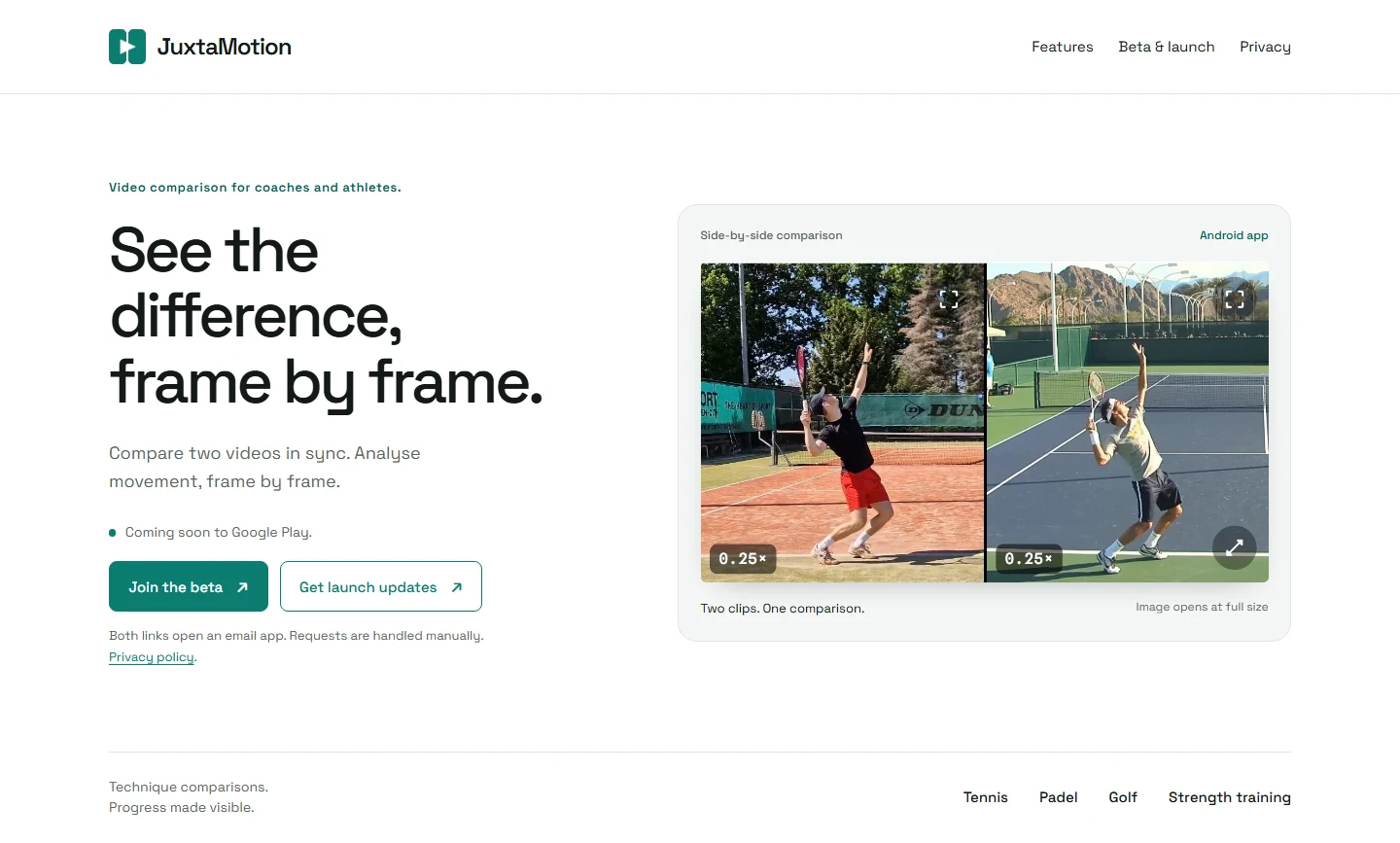 De hero van JuxtaMotion, met twee tennisvideo’s naast elkaar in de sportapp.