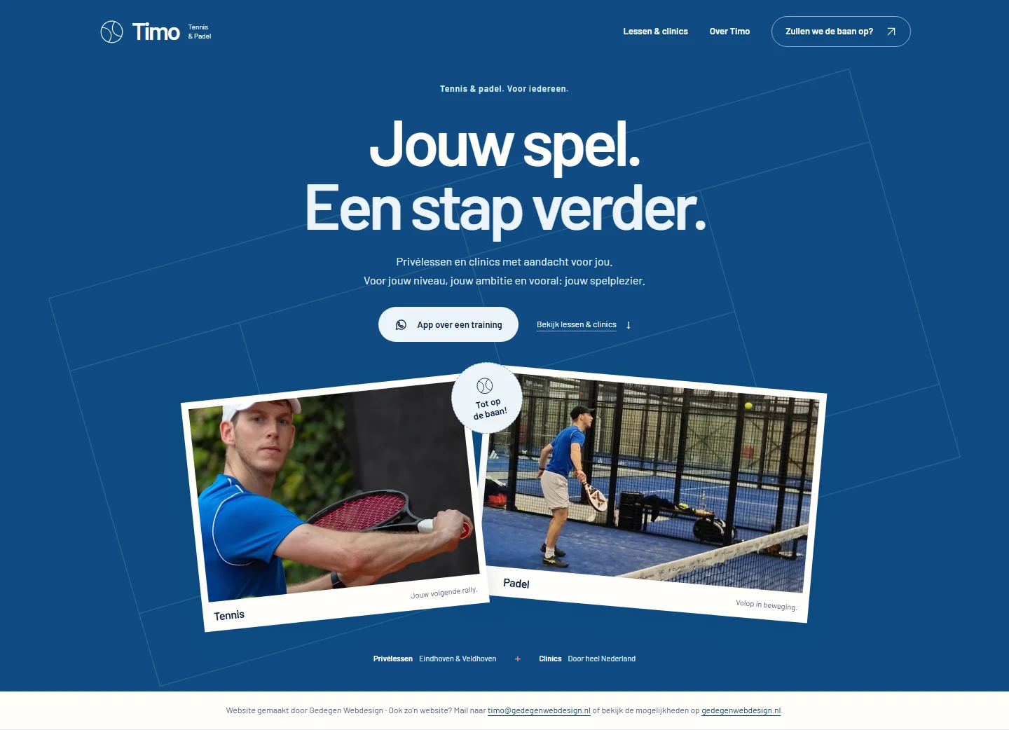 De hero van Timo Tennis & Padel, met tennis- en padelfoto’s en de makersvermelding van Gedegen Webdesign.